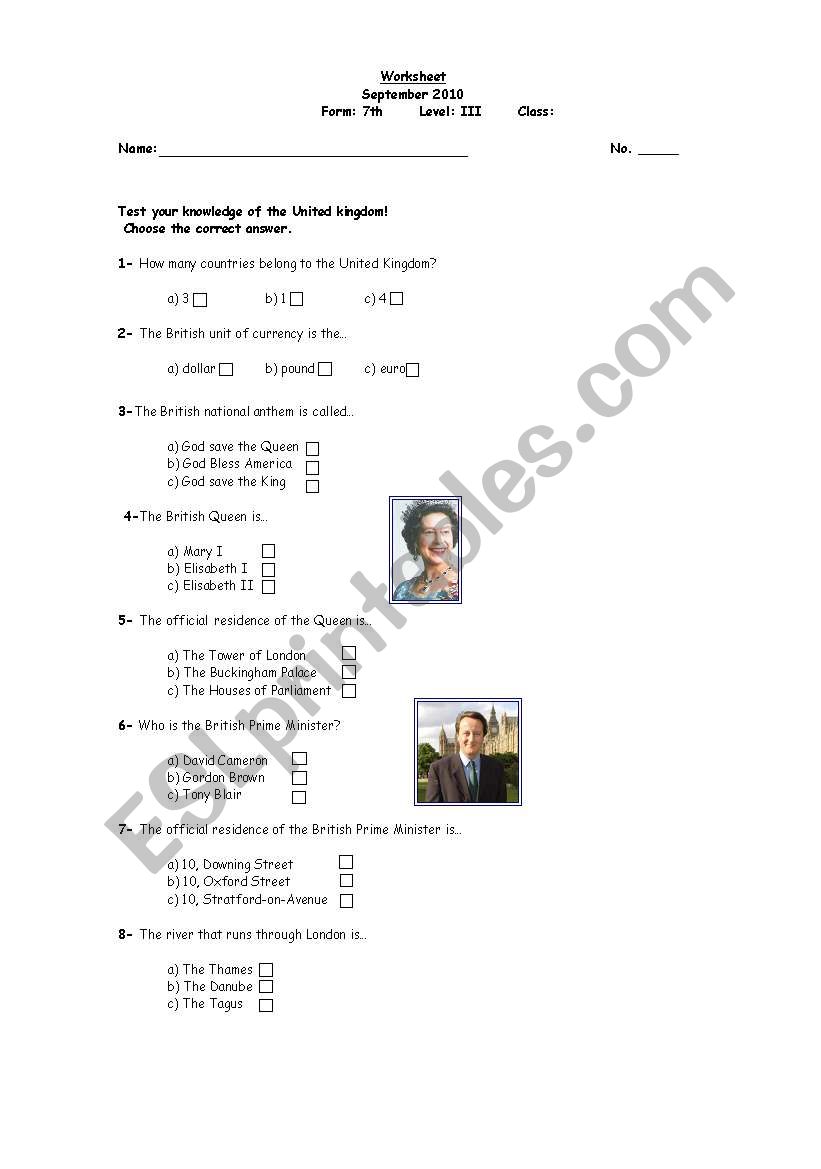 Quiz The UK worksheet