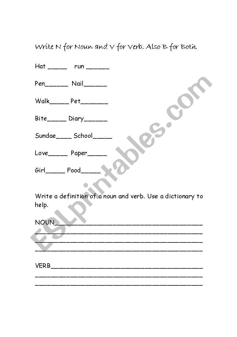 Noun And Verb quiz worksheet