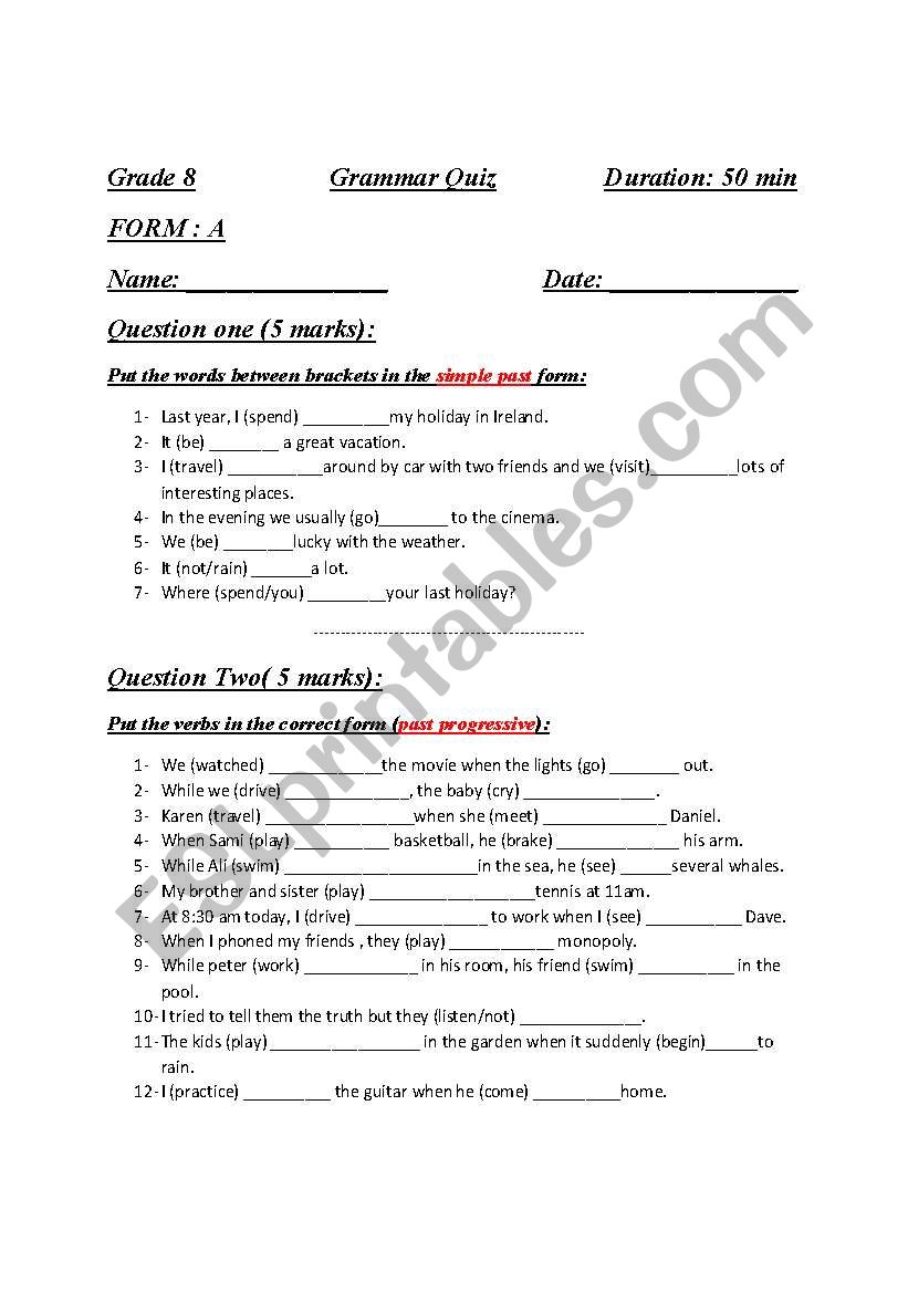 past and past continuous quiz worksheet
