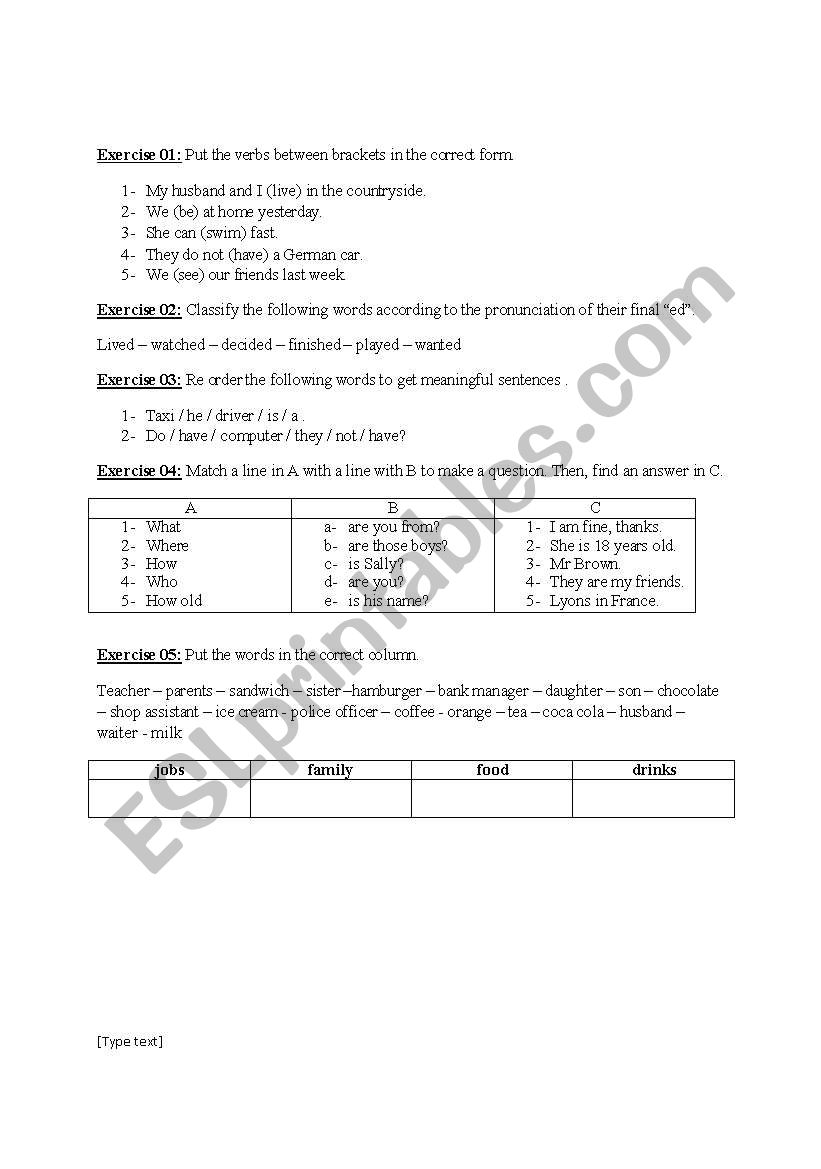 exercises worksheet