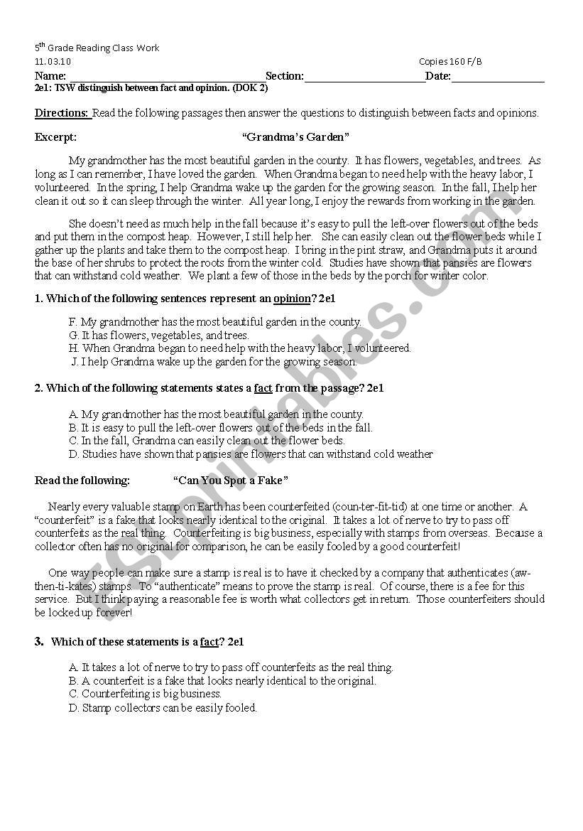 Fact and Opinion worksheet