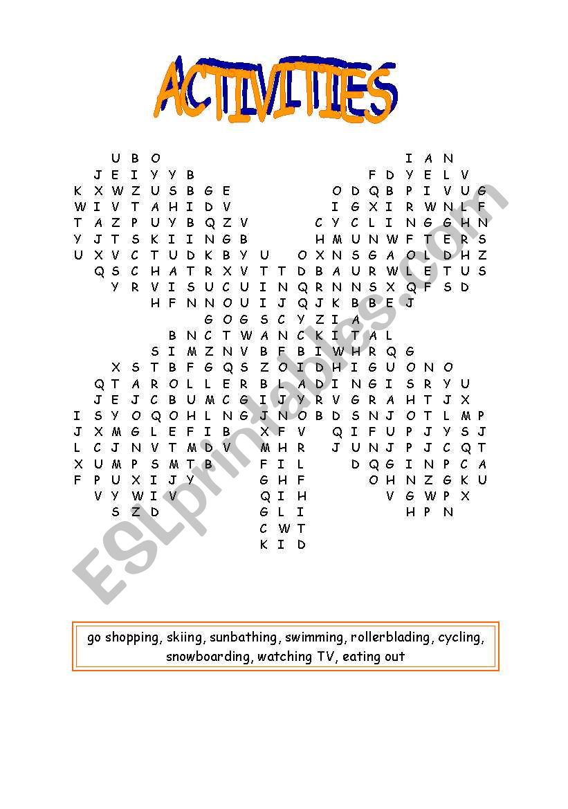 Free time activities wordsearch