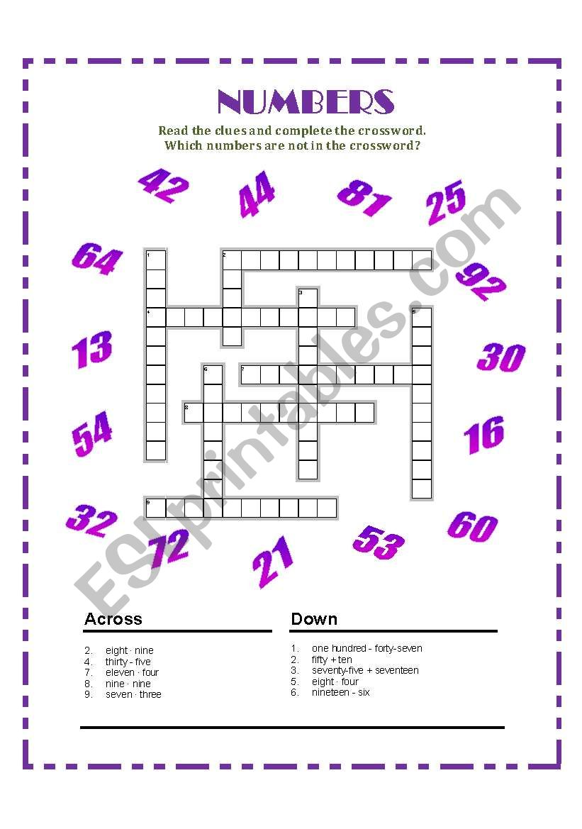 Numbers Crossword worksheet