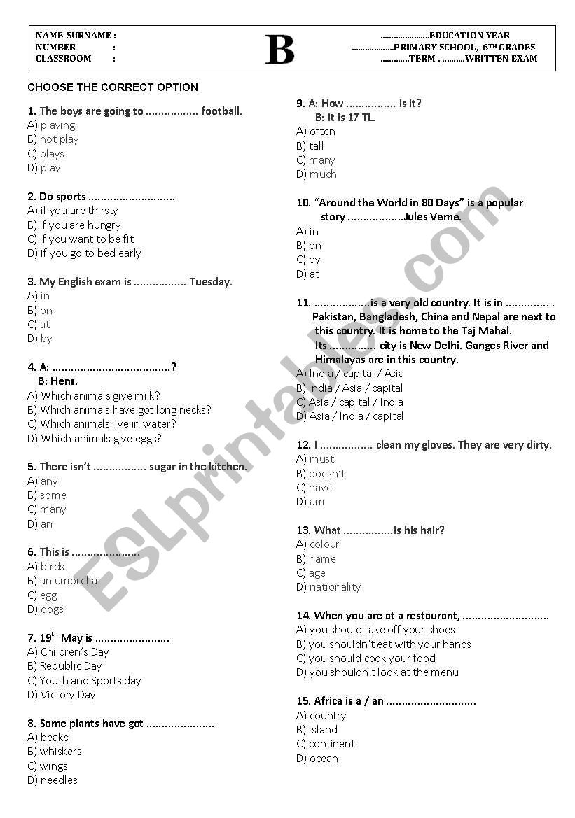 test for grade 6 worksheet