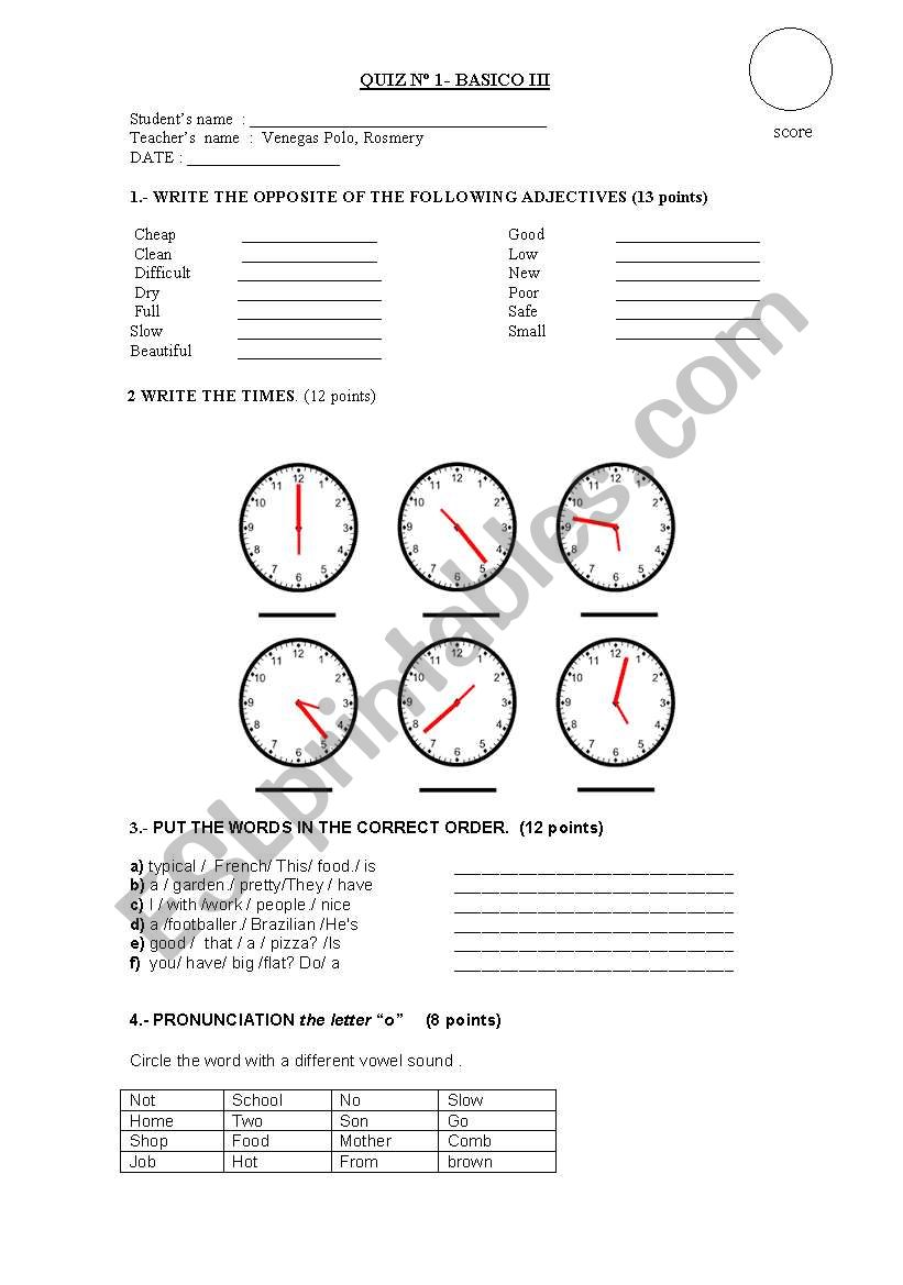 quiz telling time and daily routines