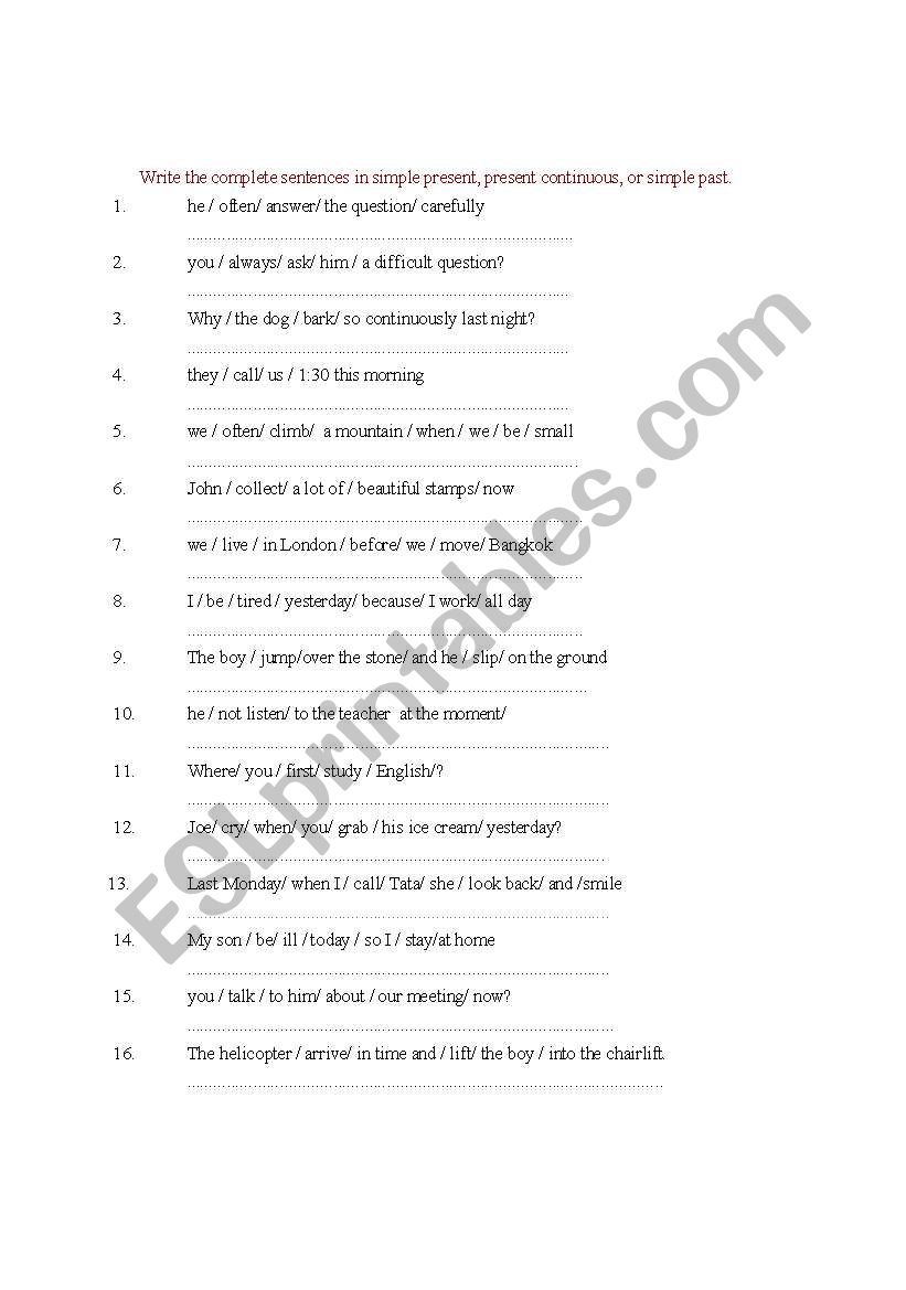 Exercises on simple tenses worksheet