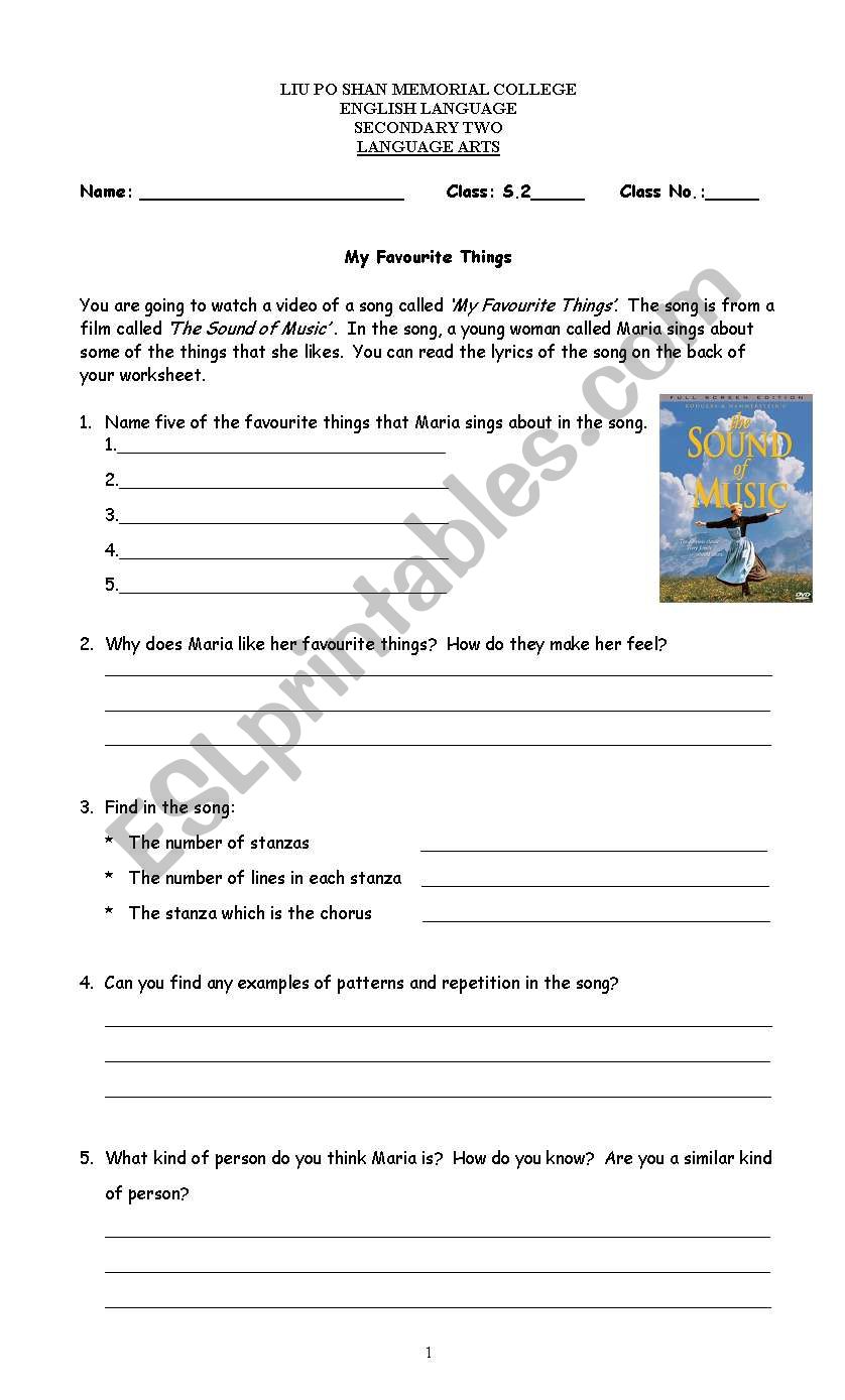 My Favourite Things worksheet