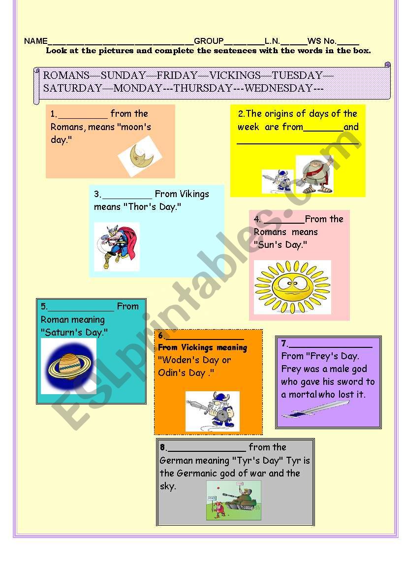 The Days of the week origins worksheet