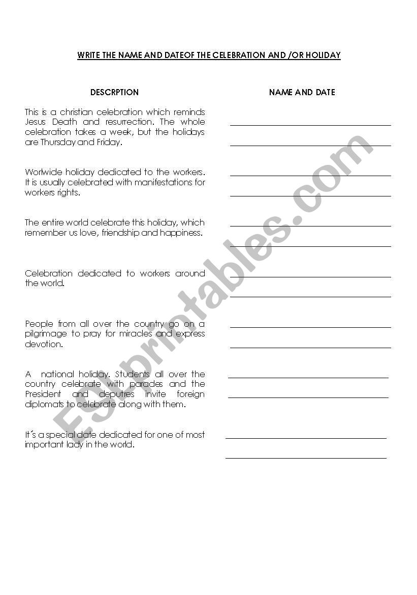 holidays or celebrations worksheet