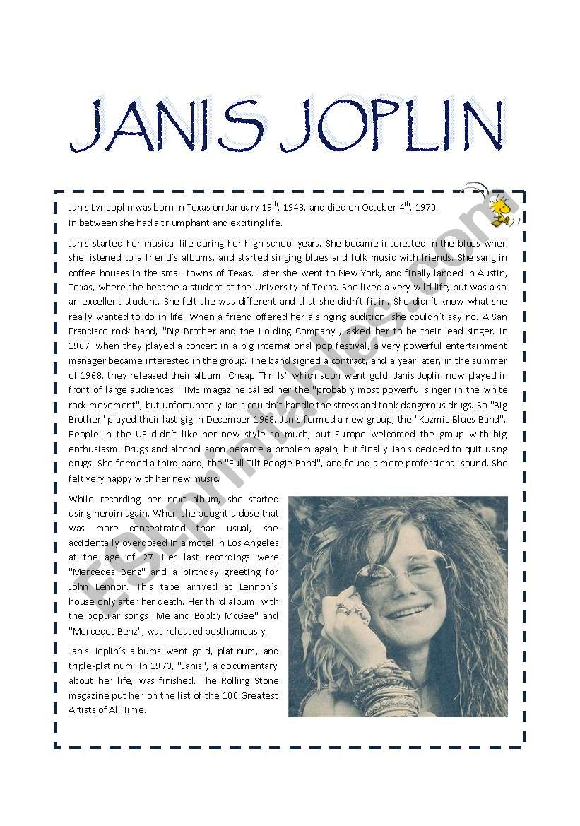 JANIS JOPLIN - reading comprehension, past tense questions