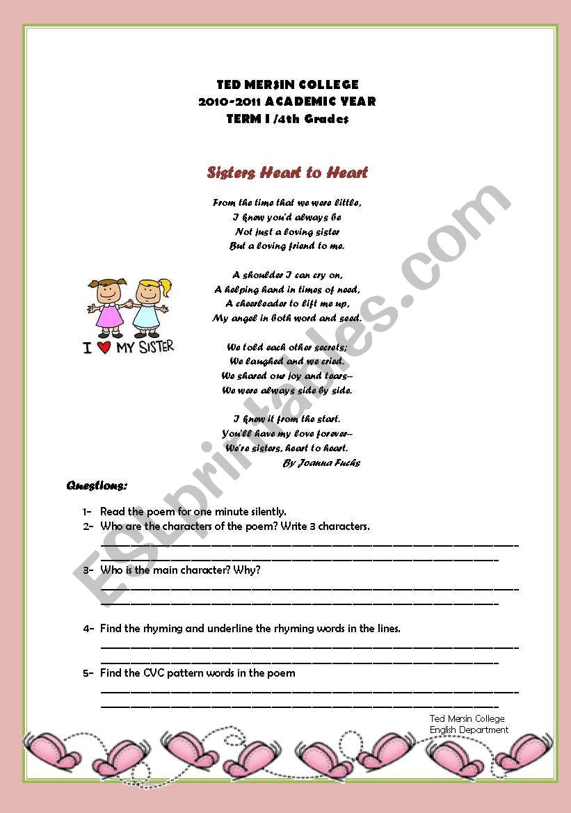 Sisters Heart to Heart poetry worksheet