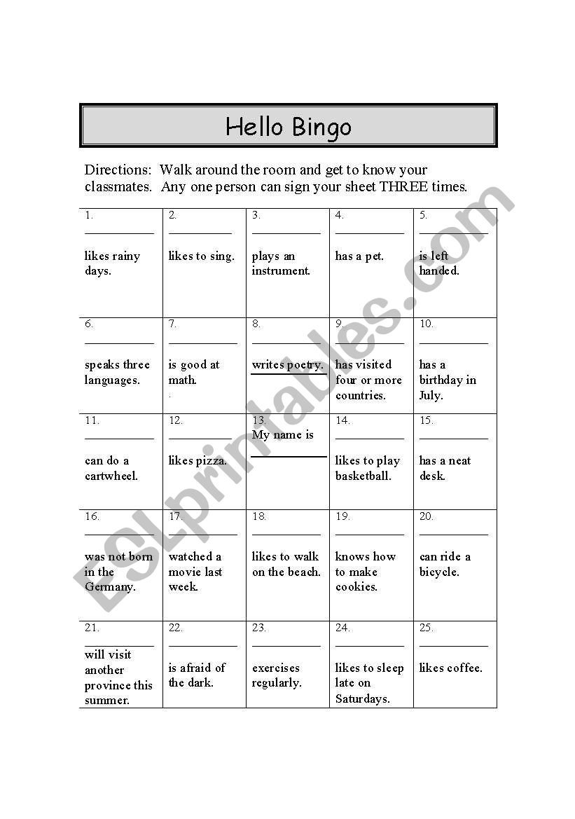 Hello Bingo worksheet