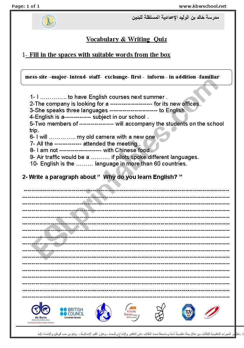 vocabulary and Writing QUIZ worksheet