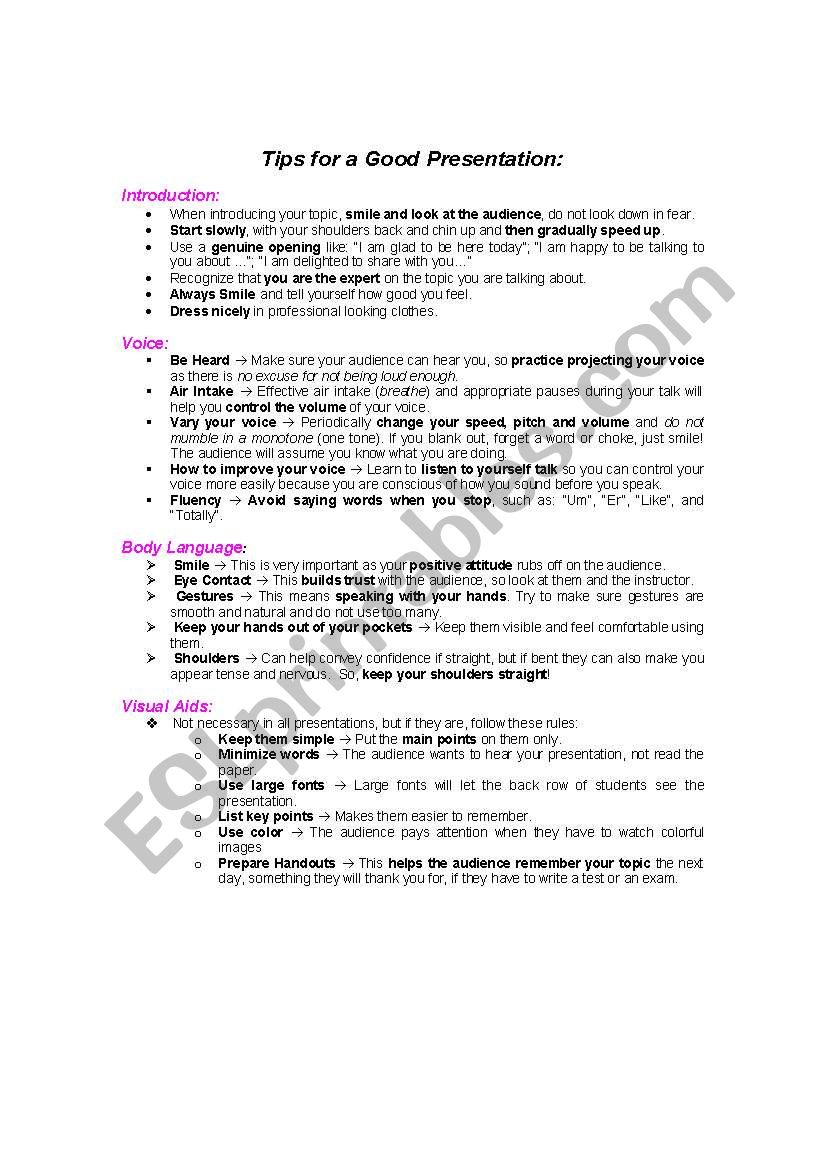 tips for good presentation worksheet