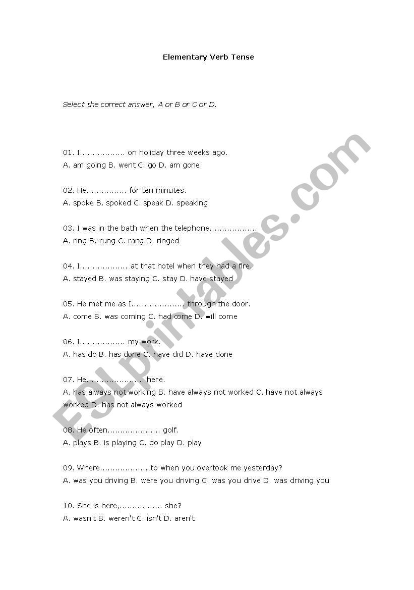 Elementary Tenses Excises worksheet