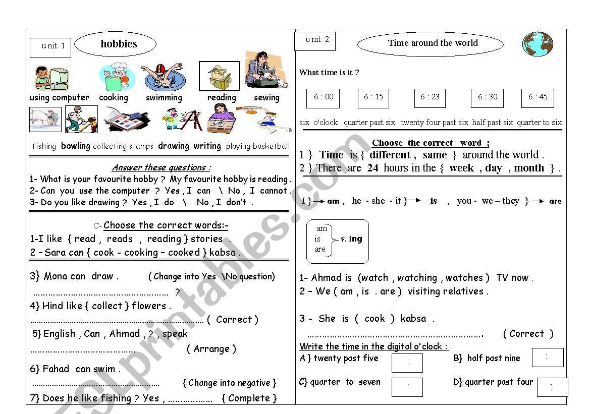 hobbies & time worksheet