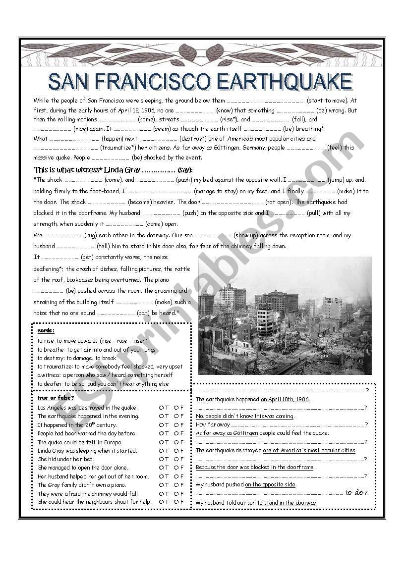 SAN FRANCISCO EARTHQUAKE worksheet