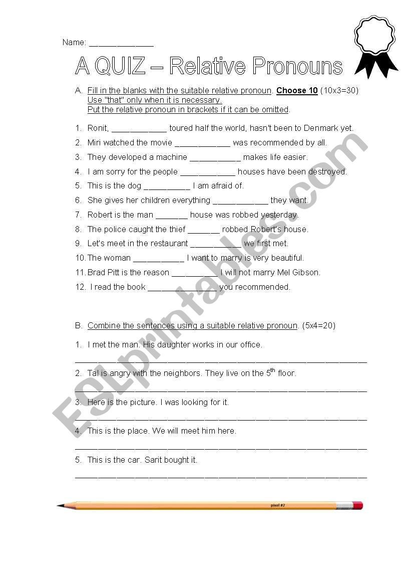 Relative clauses - a quiz worksheet