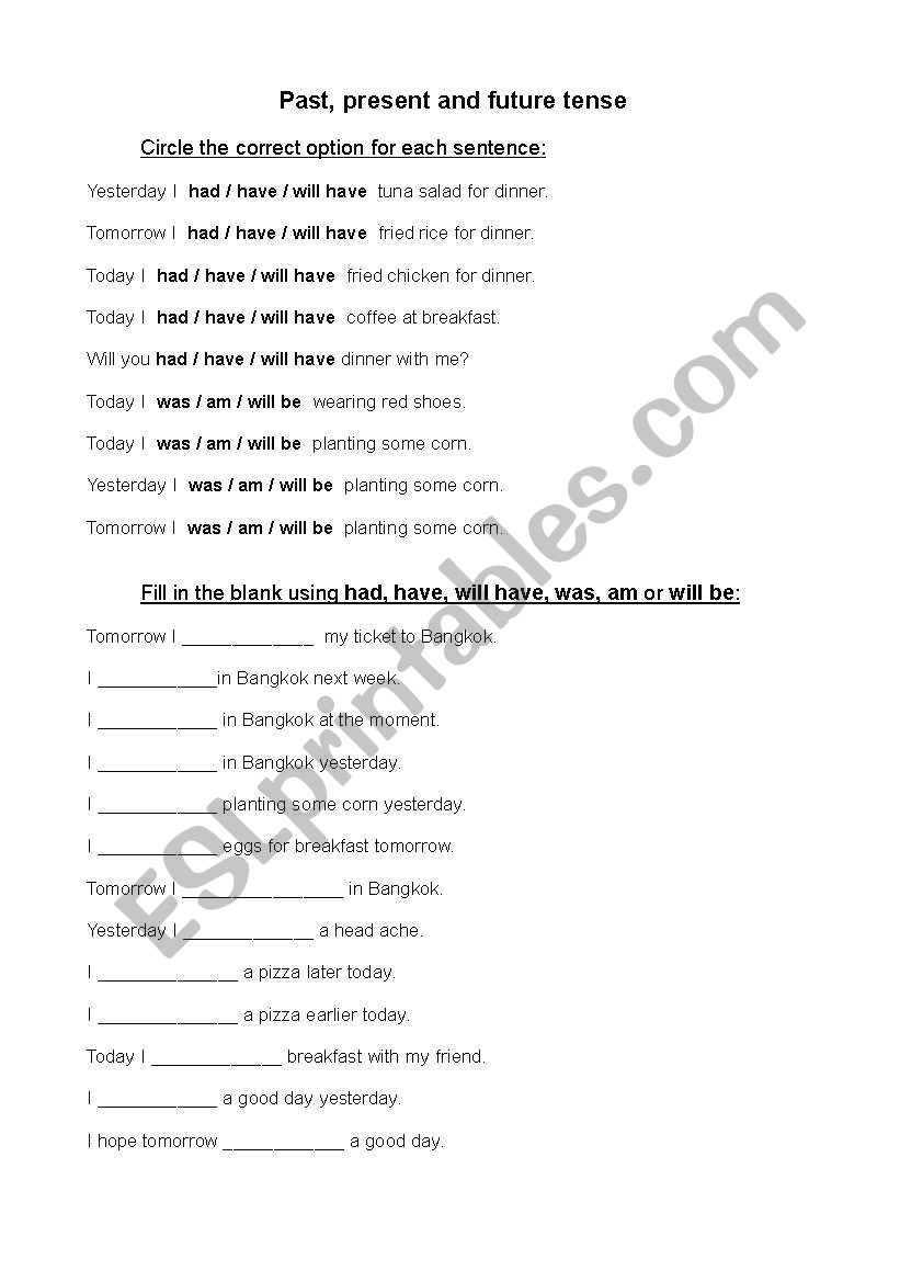 Past, Present and Future Tense worksheet