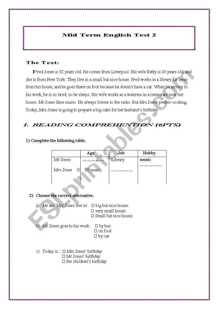 Mid Term Test 7th grade worksheet