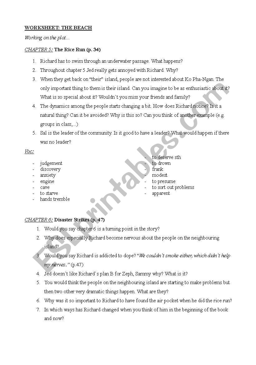 worksheet-THE BEACH (alex garland) chapters 5 to 8