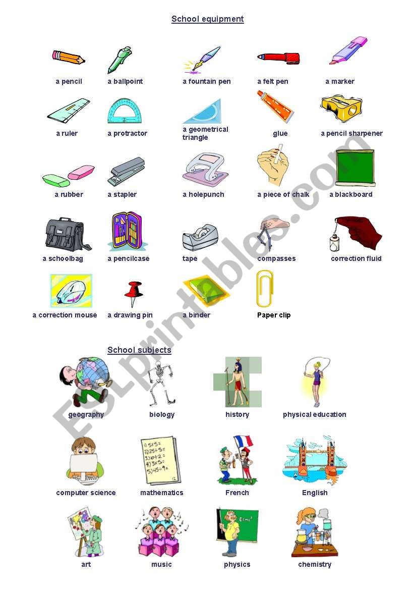 School stationery and school subjects