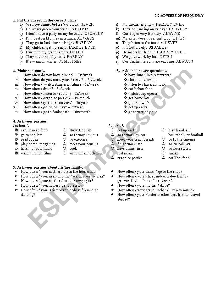 Advebs of frequency exercises worksheet