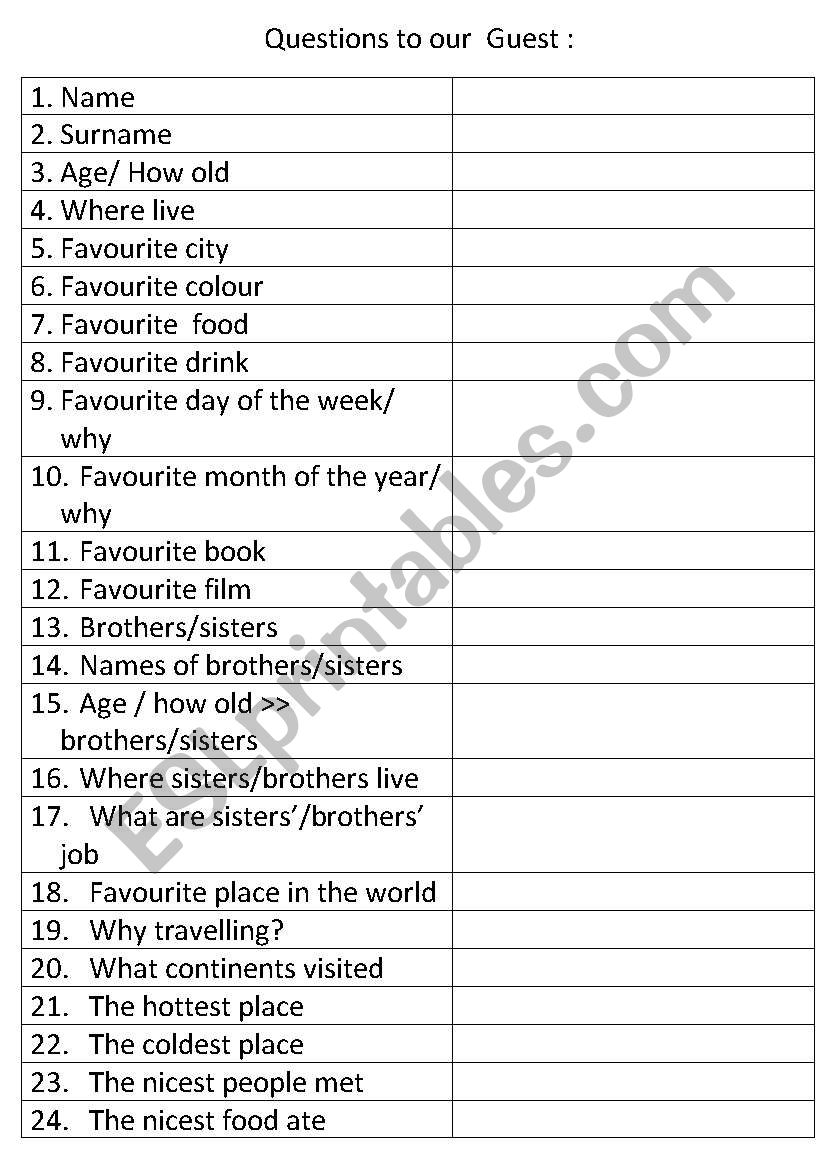50  questions to a traveller worksheet
