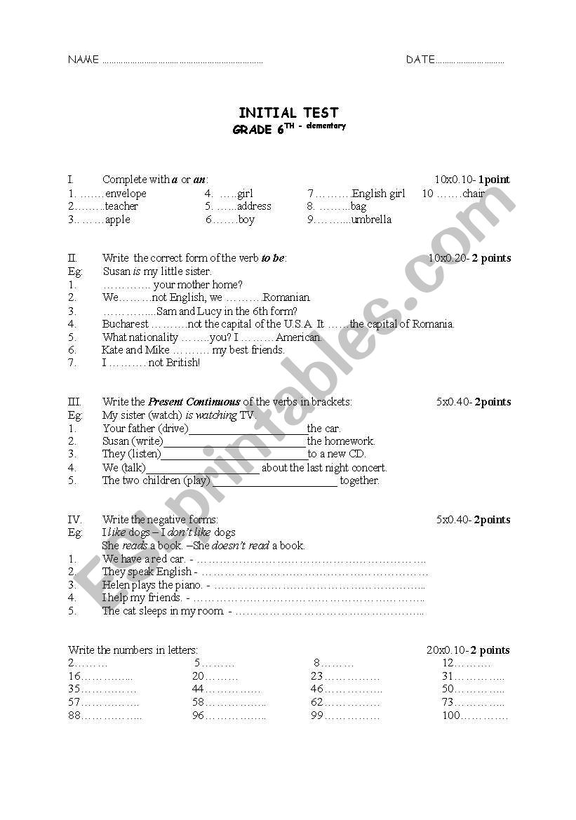 Initial test paper - 6th grade