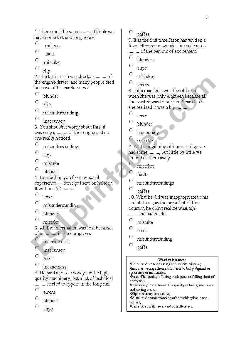 About mistakes worksheet