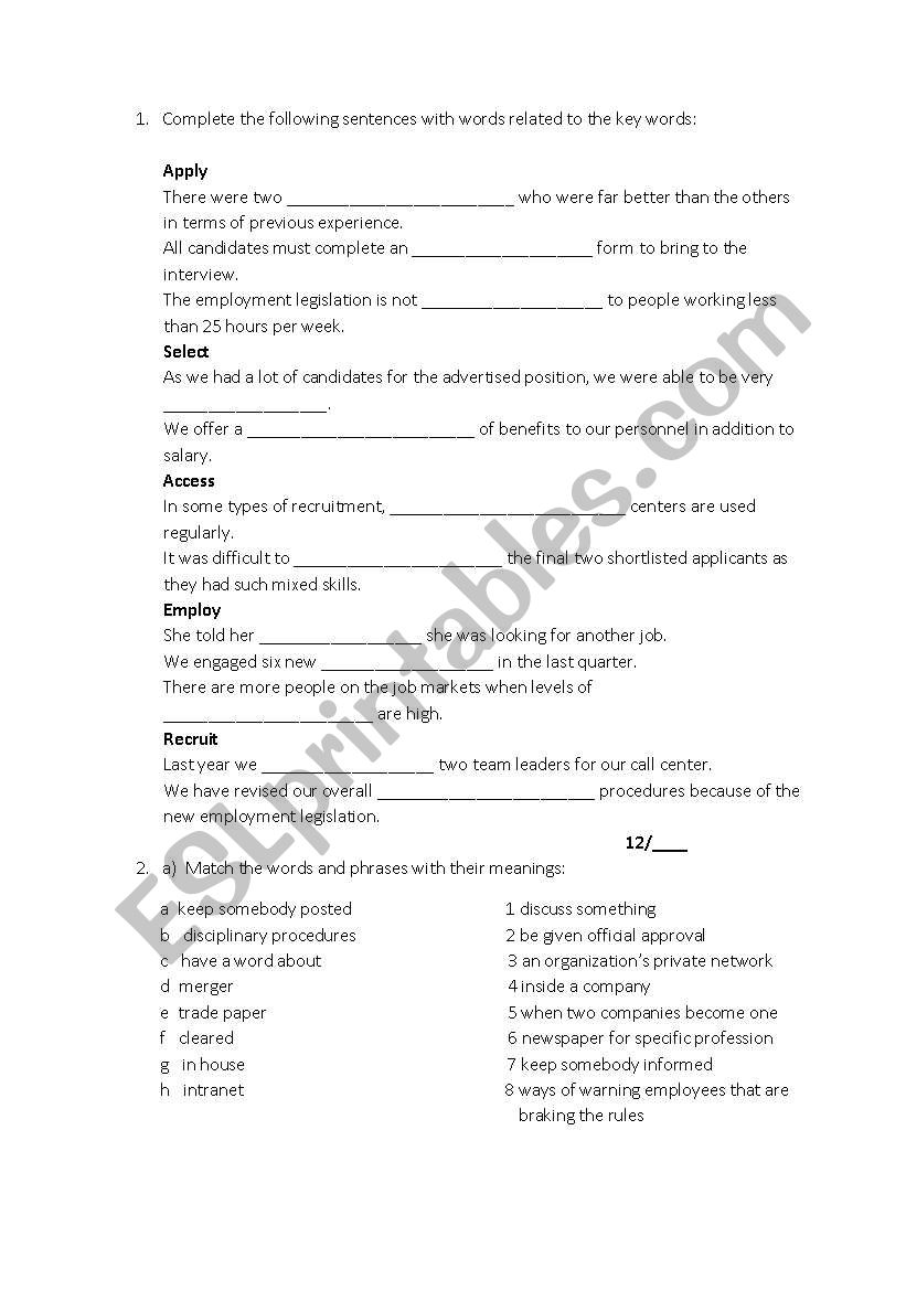 Human Resources English Test worksheet