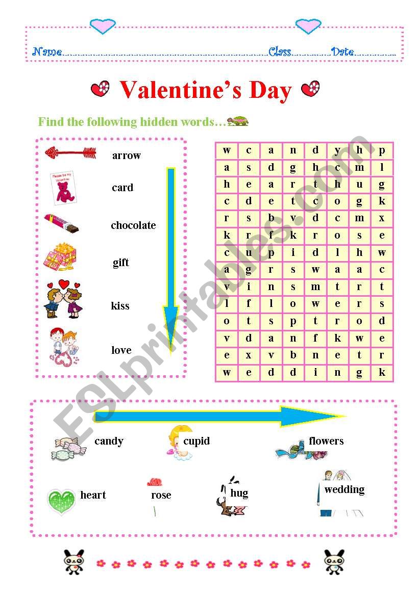 valentine word search worksheet