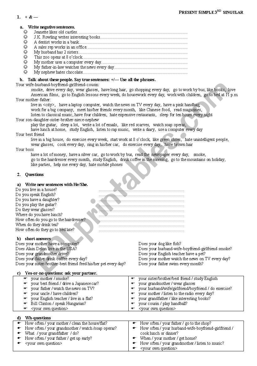 Present Simple 3rd singular exercises and pairwork