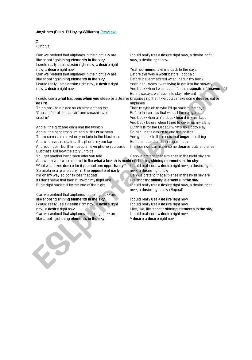 Airplanes (song) worksheet