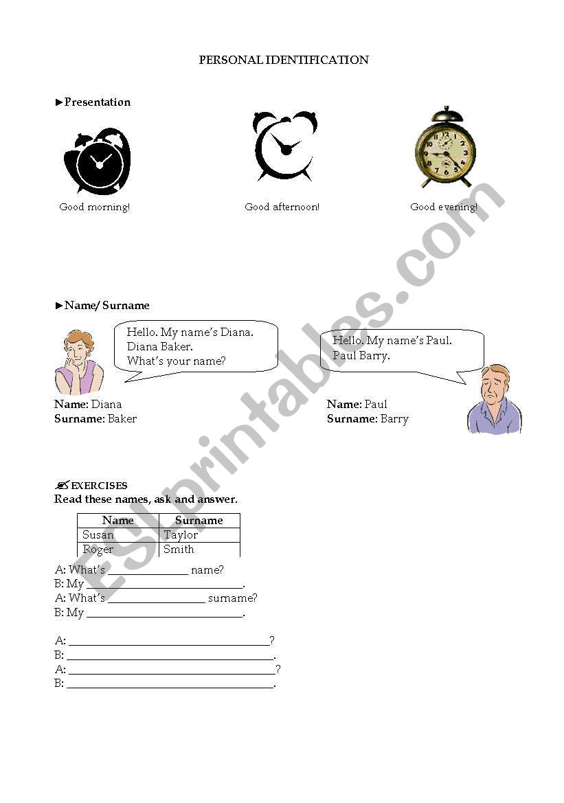 Personal Identification worksheet