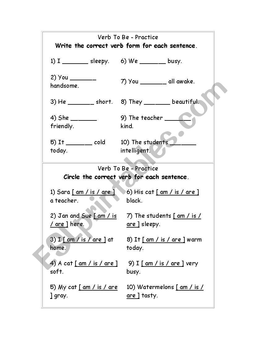 verb to be worksheet