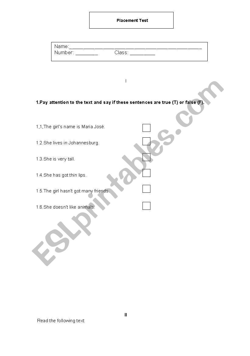 Placement Test worksheet