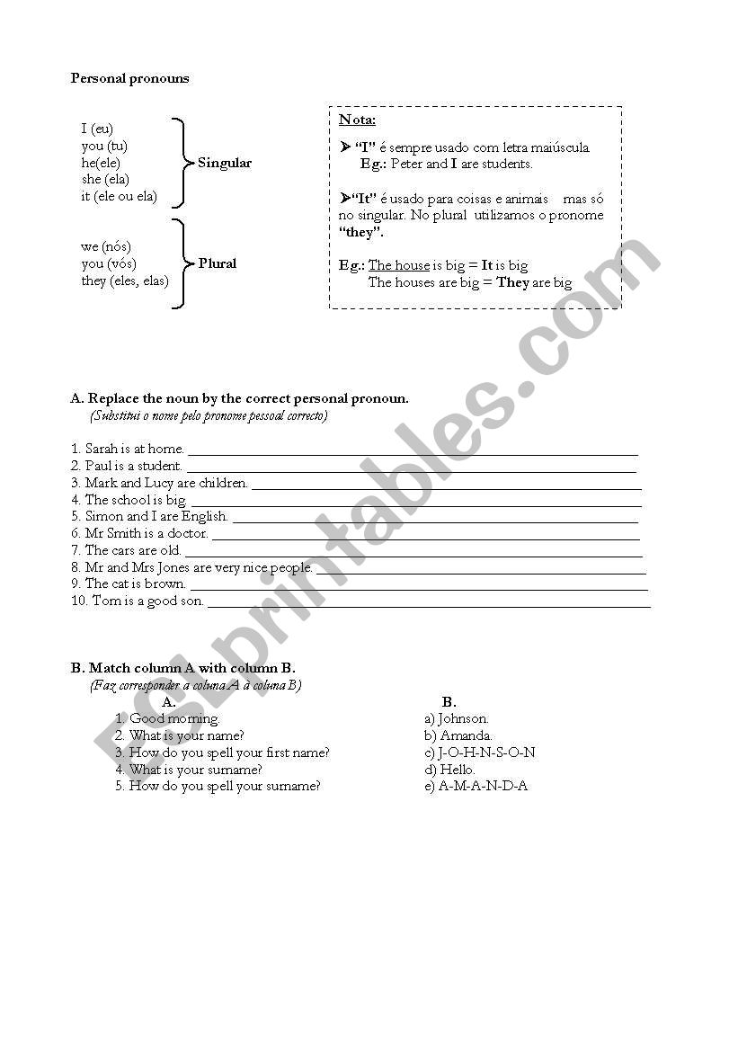 Personal Pronouns worksheet