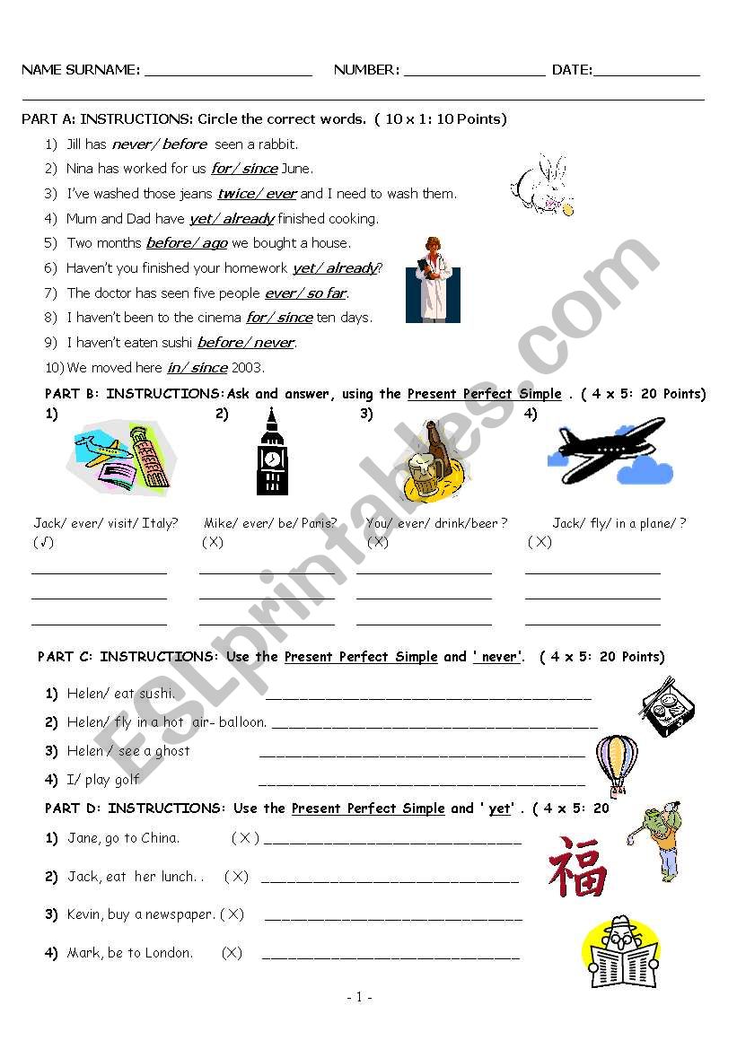 Present Perfect Exam For Elementary Students
