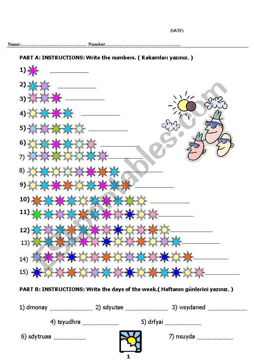 Mixed Worksheet including numbers, days, colours and a colouring for elementary students.
