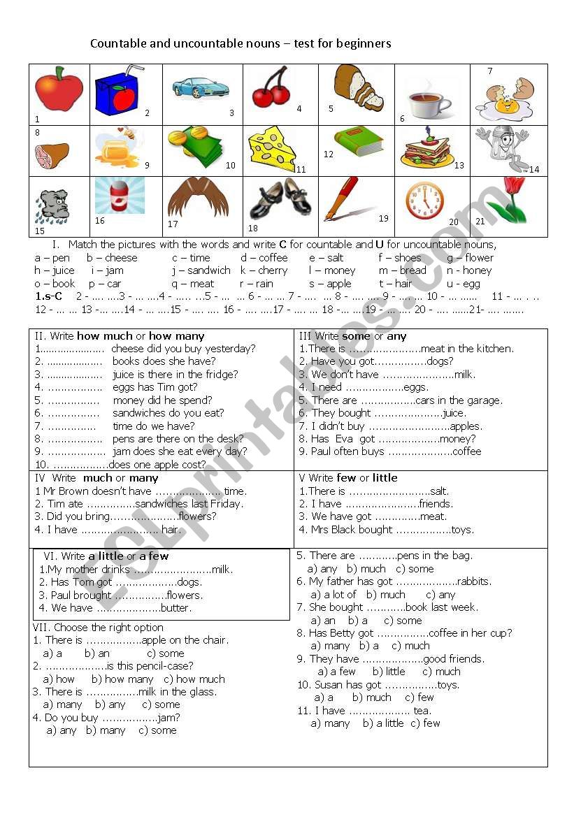 countable and uncountable nouns- test for beginners