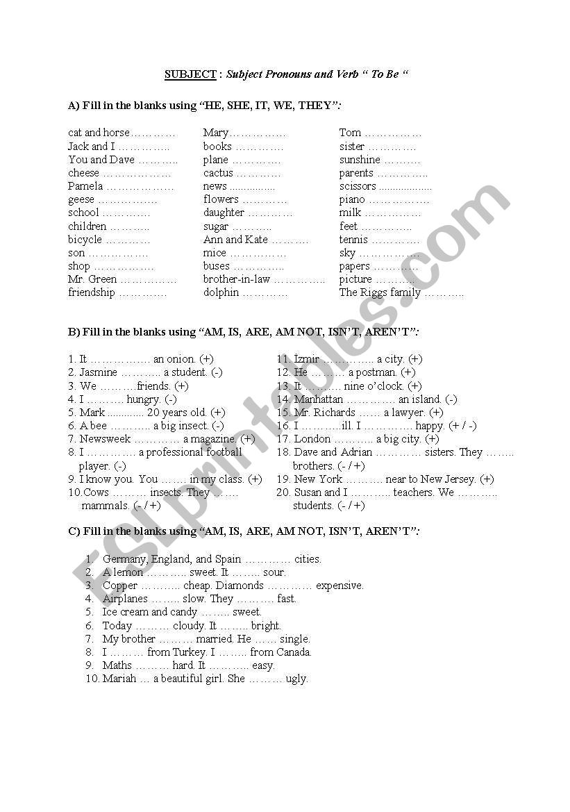 PRONOUNS AND VERB TO BE worksheet