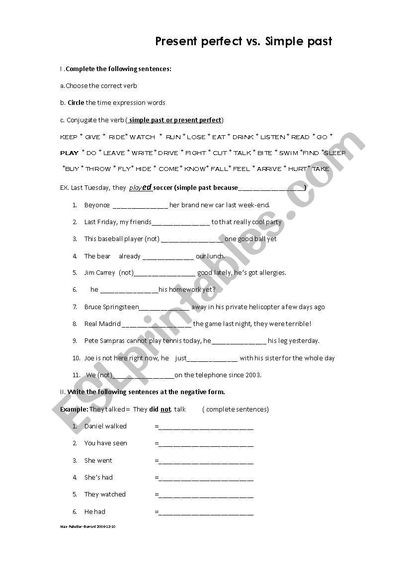 Present perfect vs.past worksheet