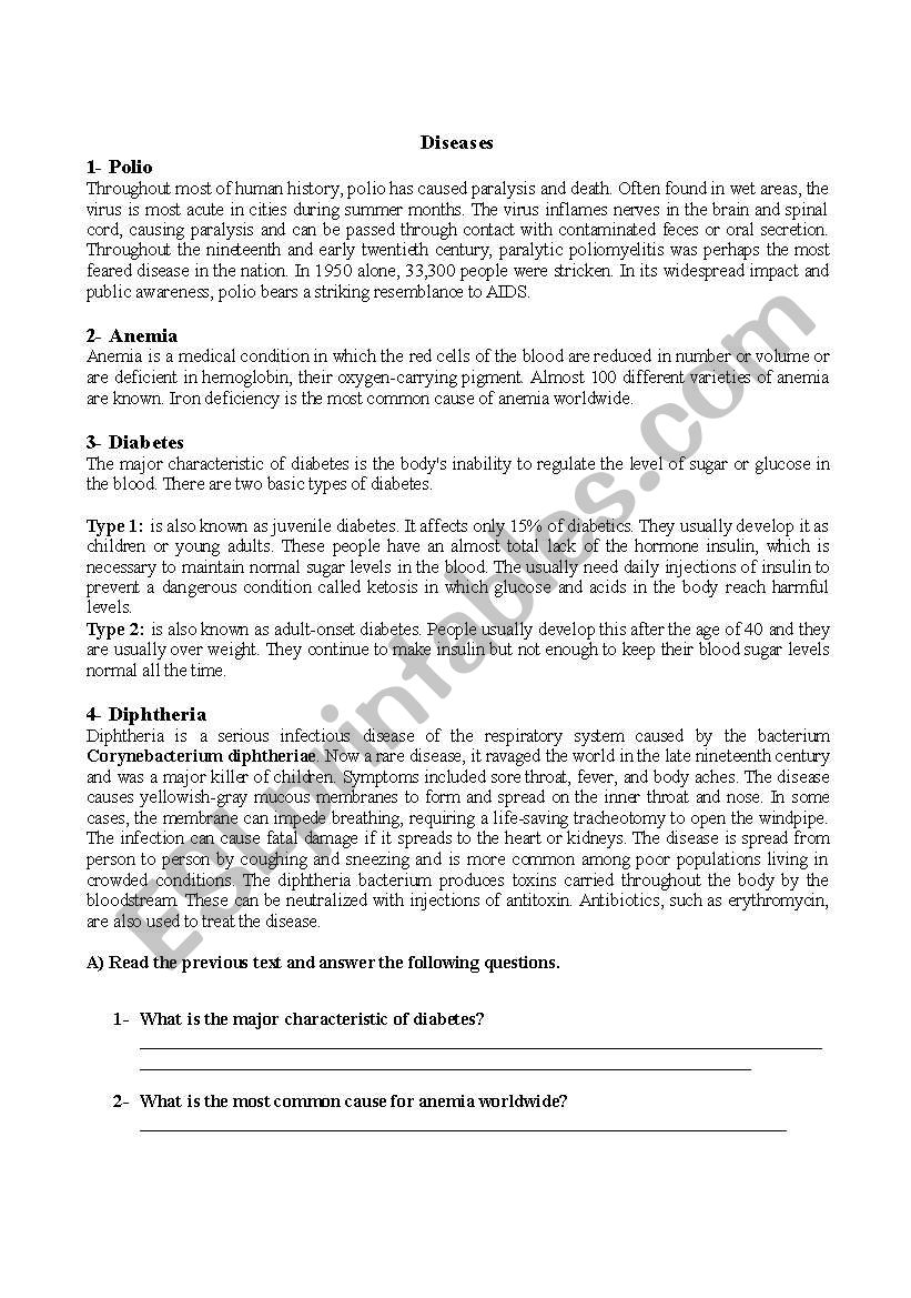 Diseases worksheet