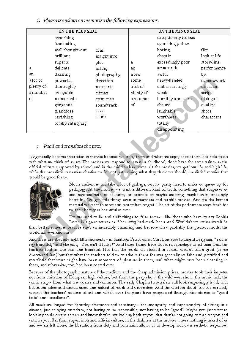 cinema worksheet