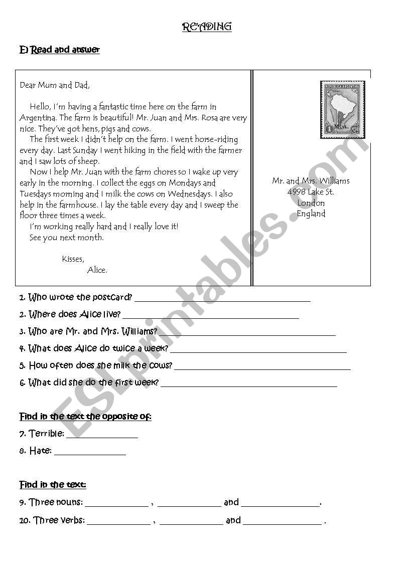 Postcard worksheet