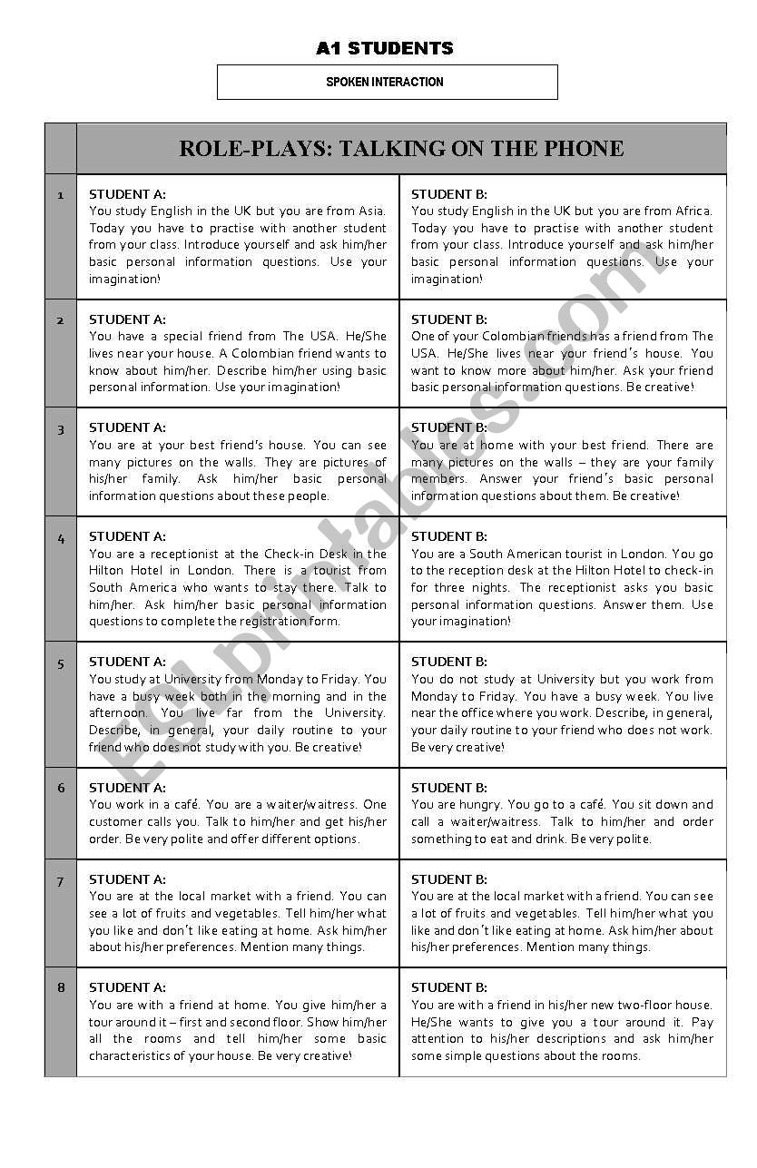 Role-cards Nivel A1 worksheet