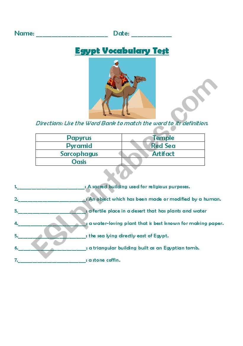 Egypt Vocabulary Quiz worksheet