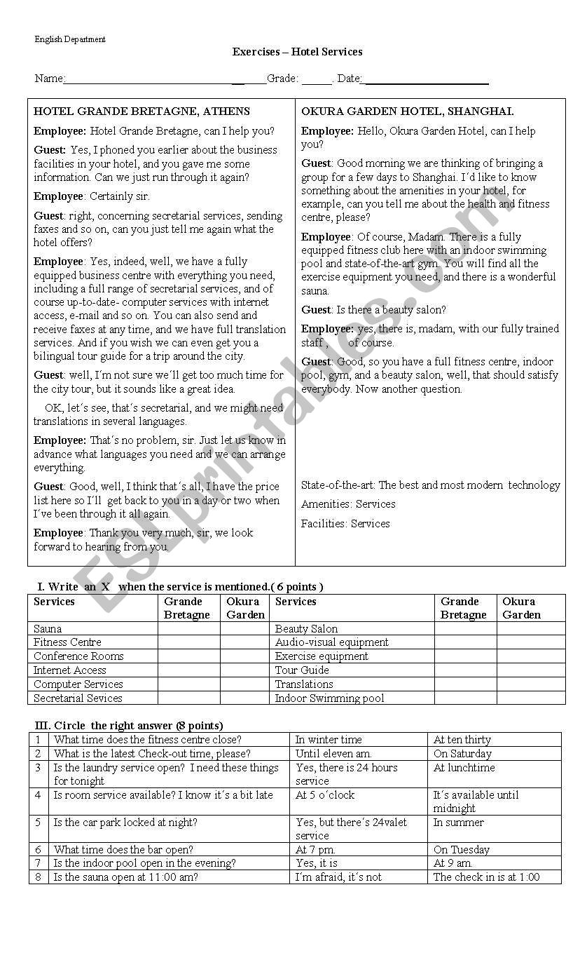 Hotel Services worksheet