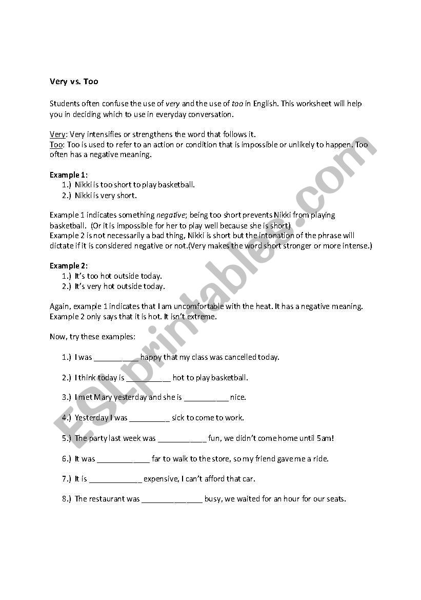 Very Vs. Too worksheet